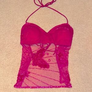 Y2K Hot pink butterfly sequence halter top from Charlotte Russe.